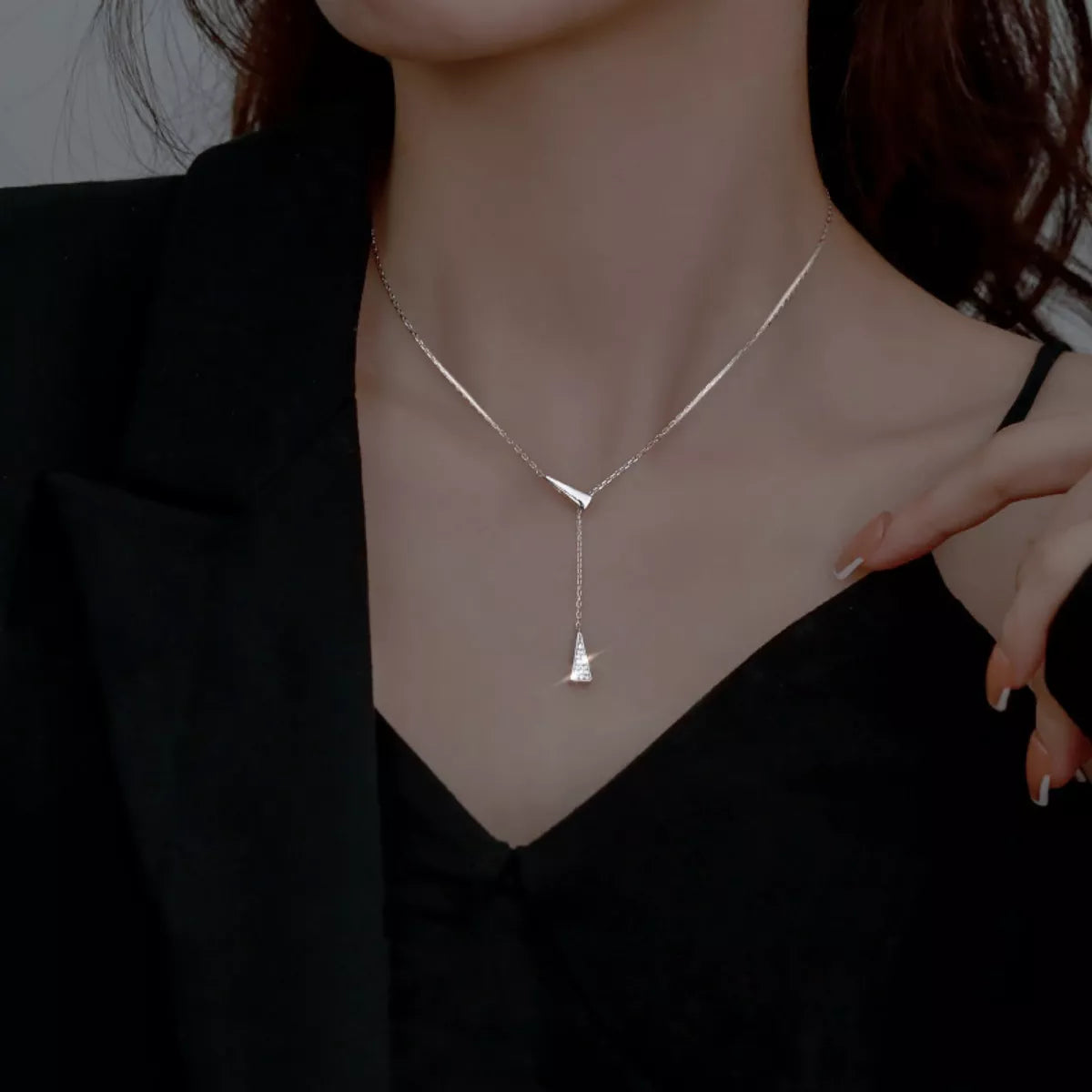 Dainty Triangle Pendant Y-Necklace with Zircon Accents