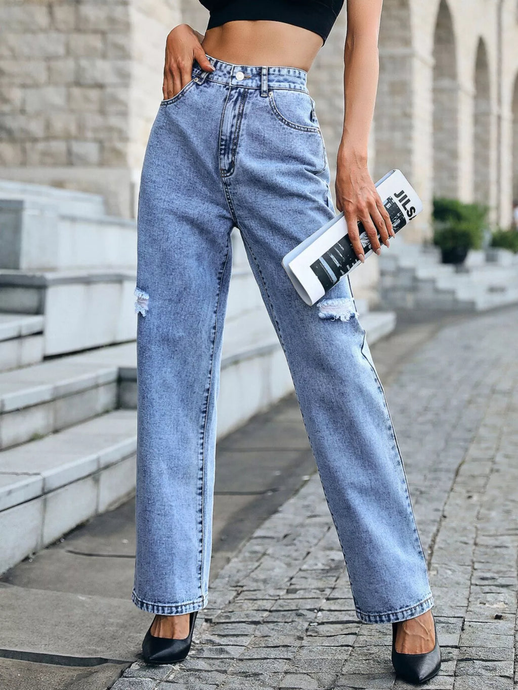 High Waist Distressed Straight Leg Jeans Light Wash