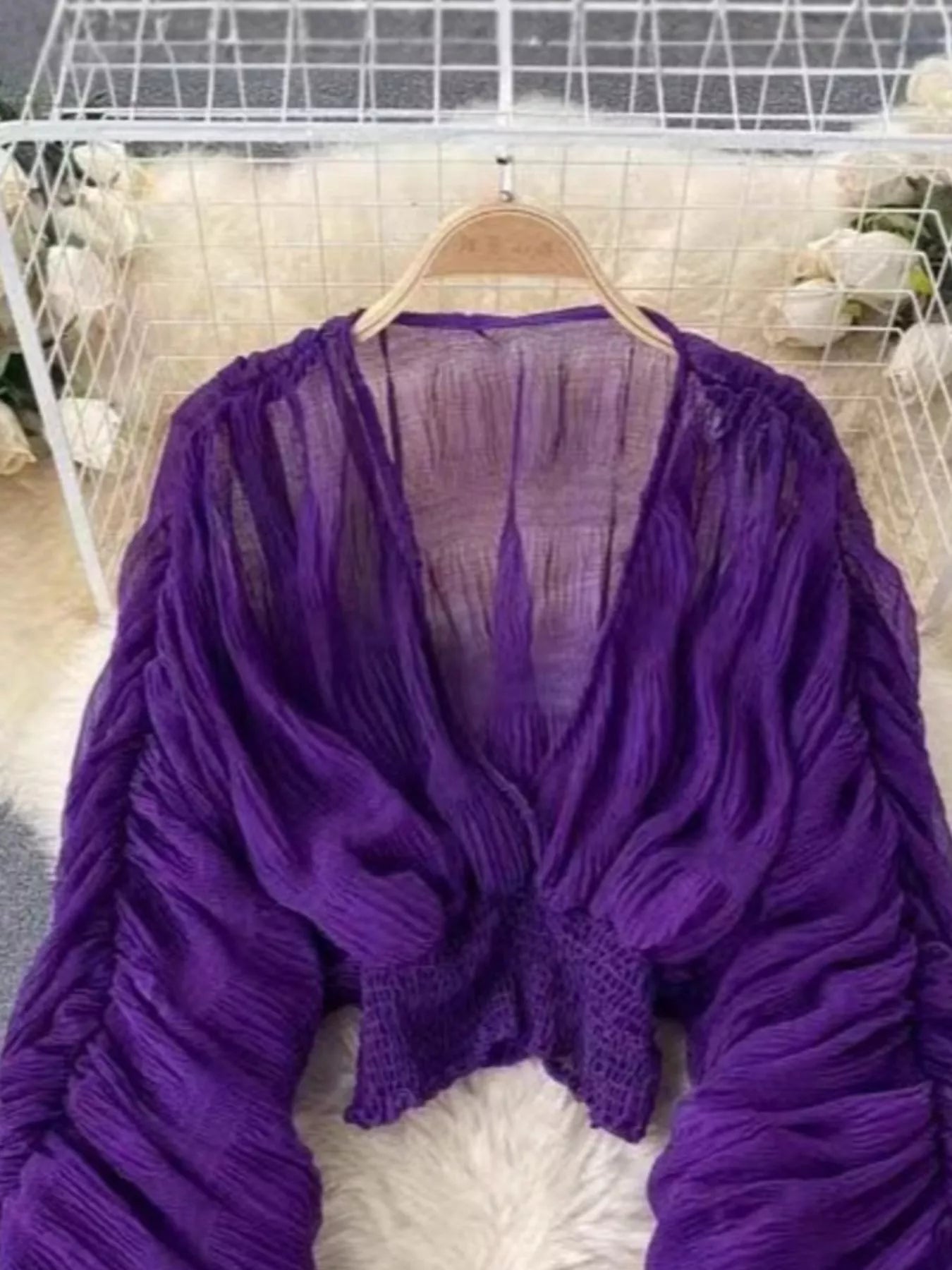 Purple Long Sleeve Smocked Ruched Blouse with V-Neck