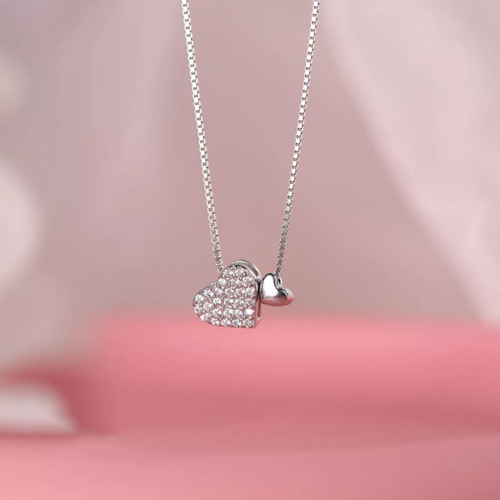 Silver-tone Double Heart Necklace with Zircon Stones