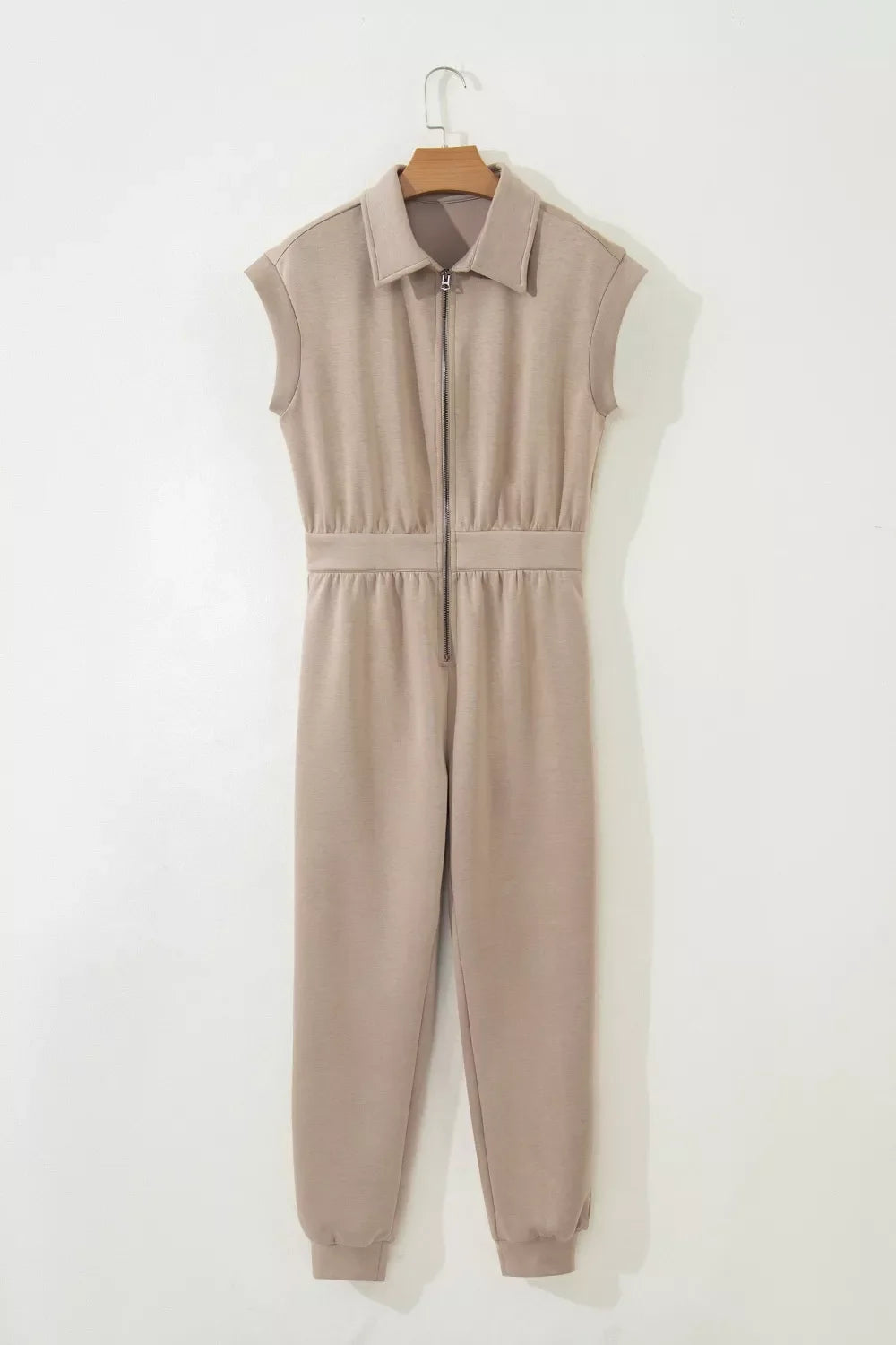 Solid Taupe Zip Front Short Sleeve Collared Jumpsuit