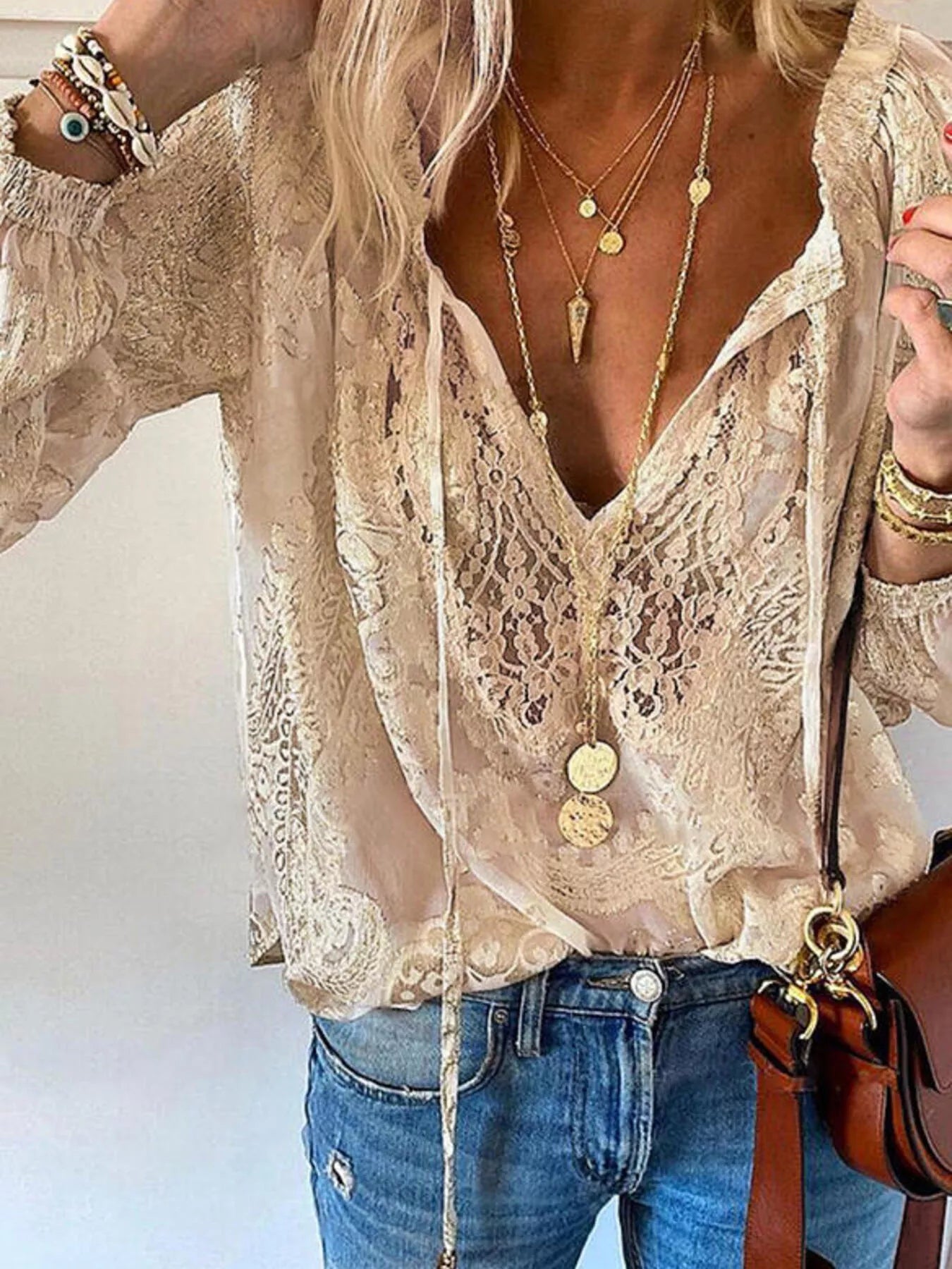 Women's Sheer Lace Tie-Neck Long Sleeve Blouse Casual Top