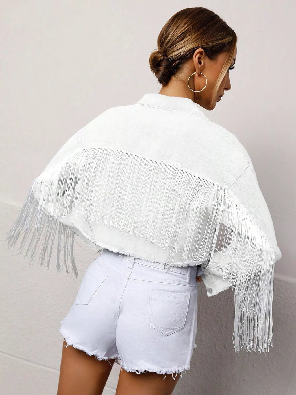 White Fringed Cropped Denim Jacket with Distressed Details