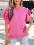 Hot Pink Ruffle Sleeve Round Neck Knit Sweater
