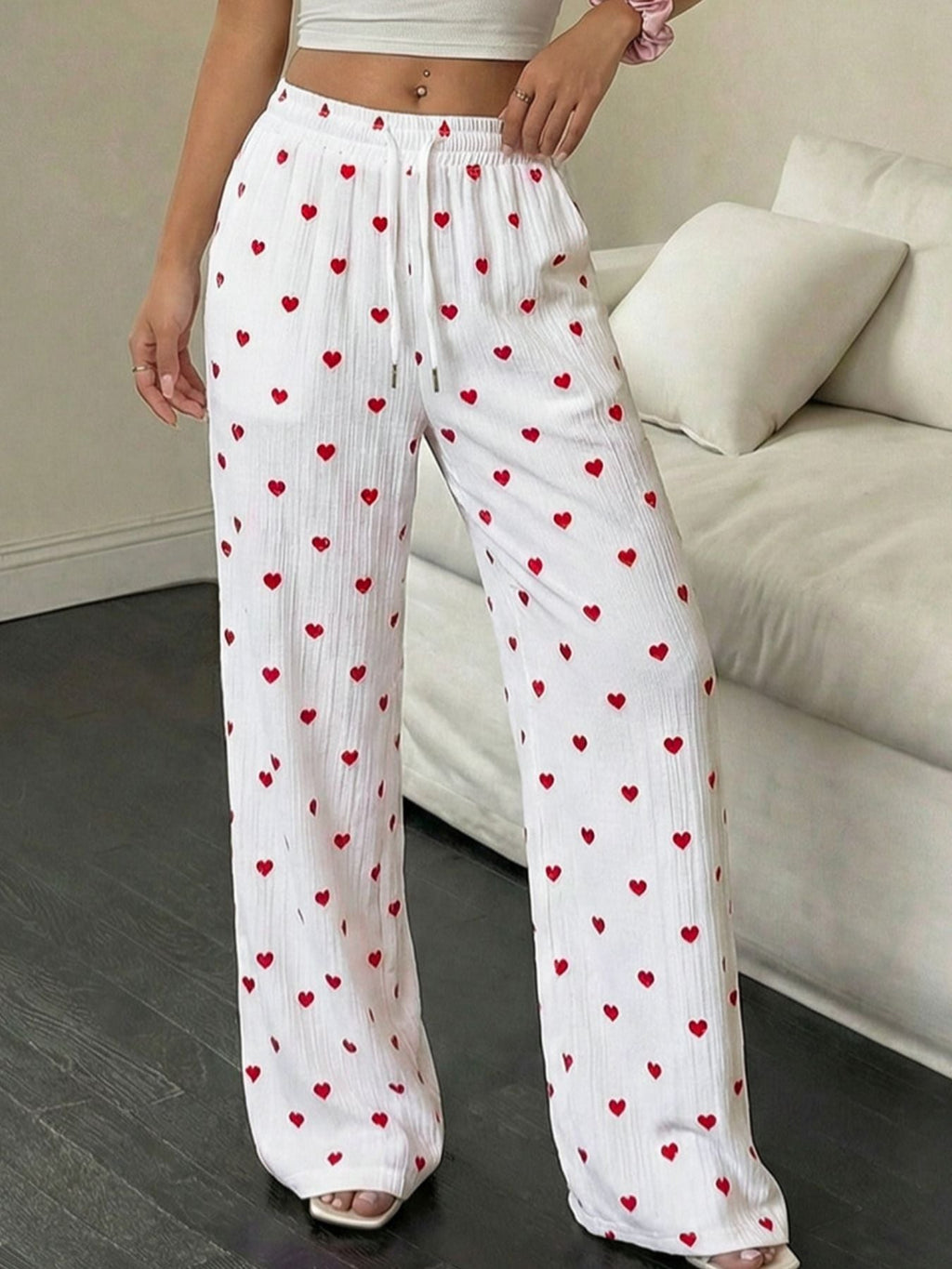 White Red Heart Print Drawstring Waist Wide Leg Lounge Pants