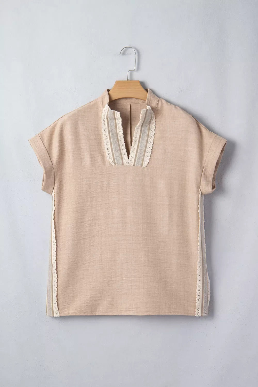 Beige Crochet Lace Trim Blouse with Rolled Short Sleeves