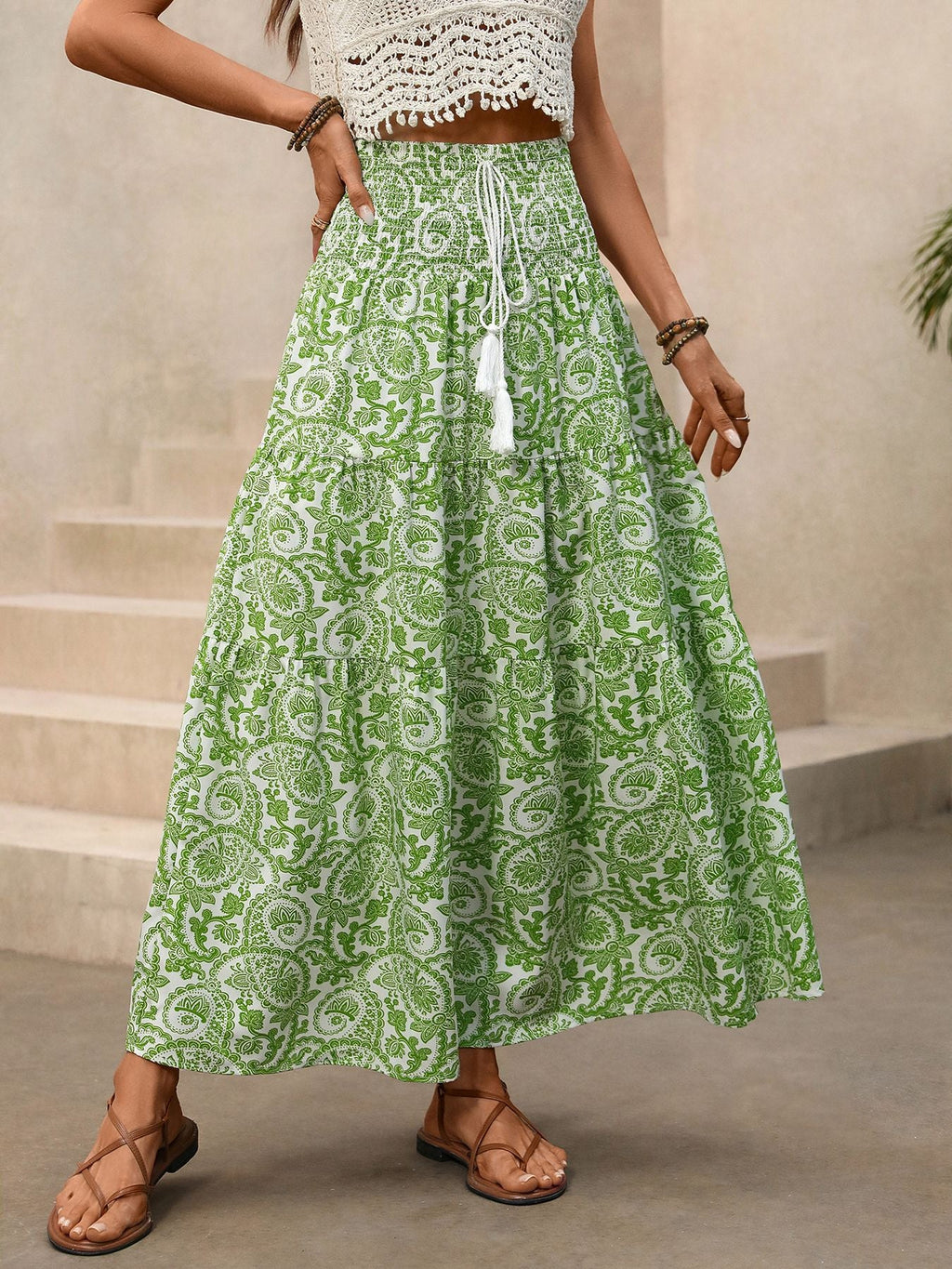 Women's Flowy Green & White Paisley Print Smocked Maxi Skirt