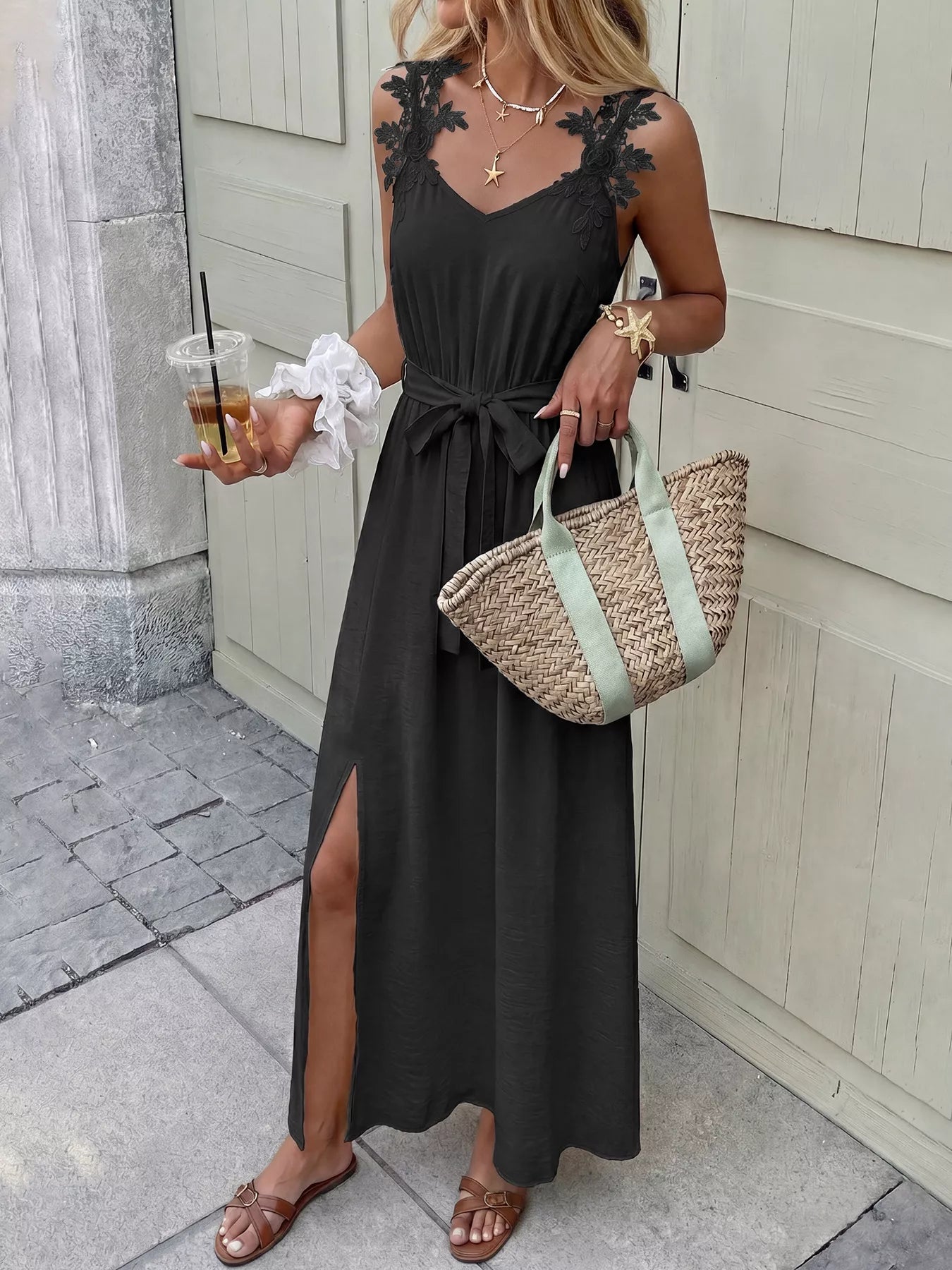 Black Lace Trim Maxi Dress with Tie Waist and Side Slit