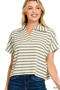 Women's Olive Striped Split Neck Collared Top