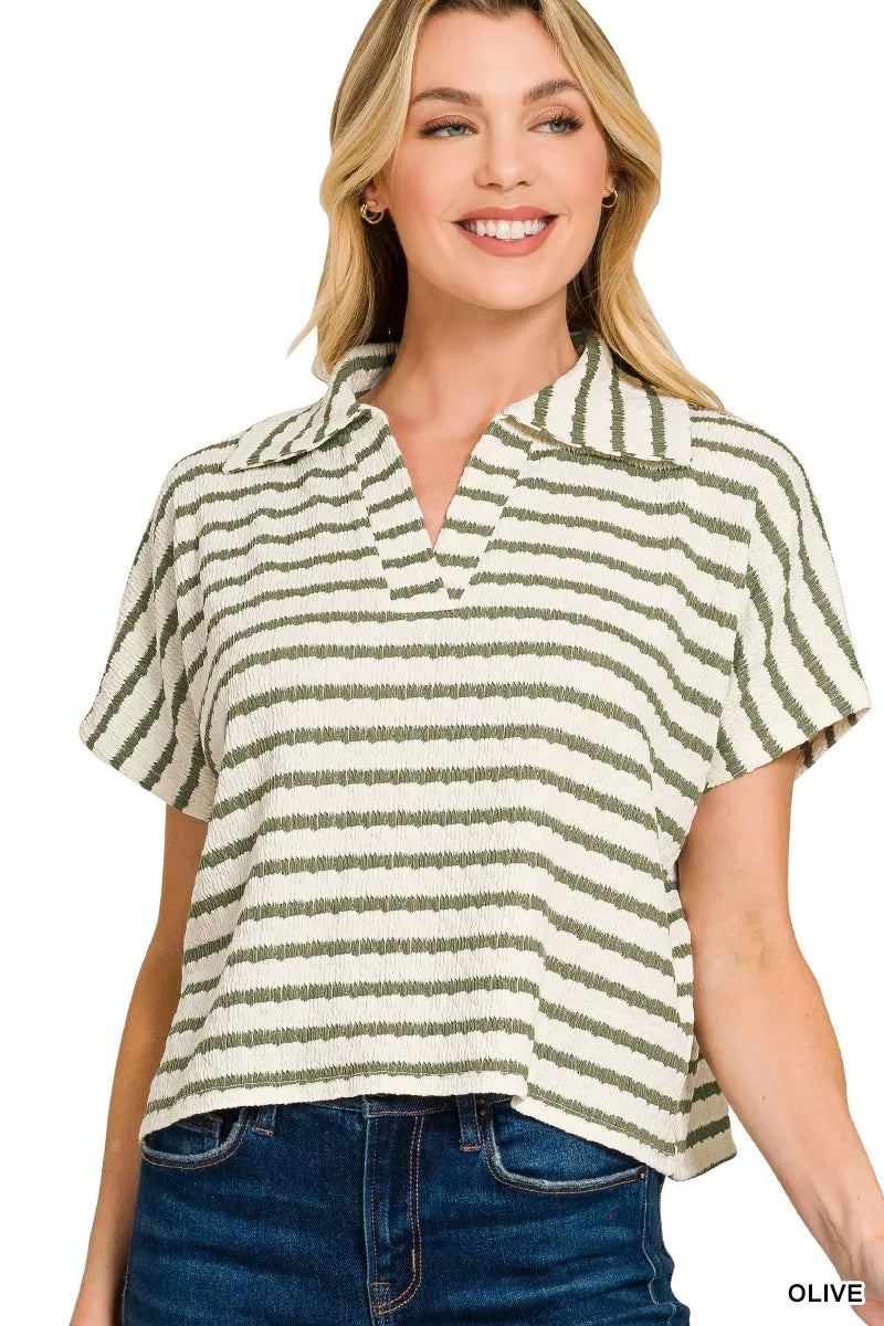 Women's Olive Striped Split Neck Collared Top