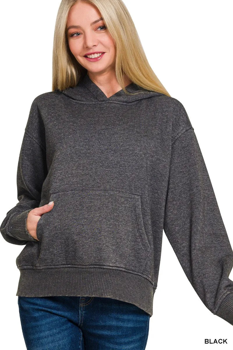 Zenana Fleece Acid Wash Hoodie with Kangaroo Pocket