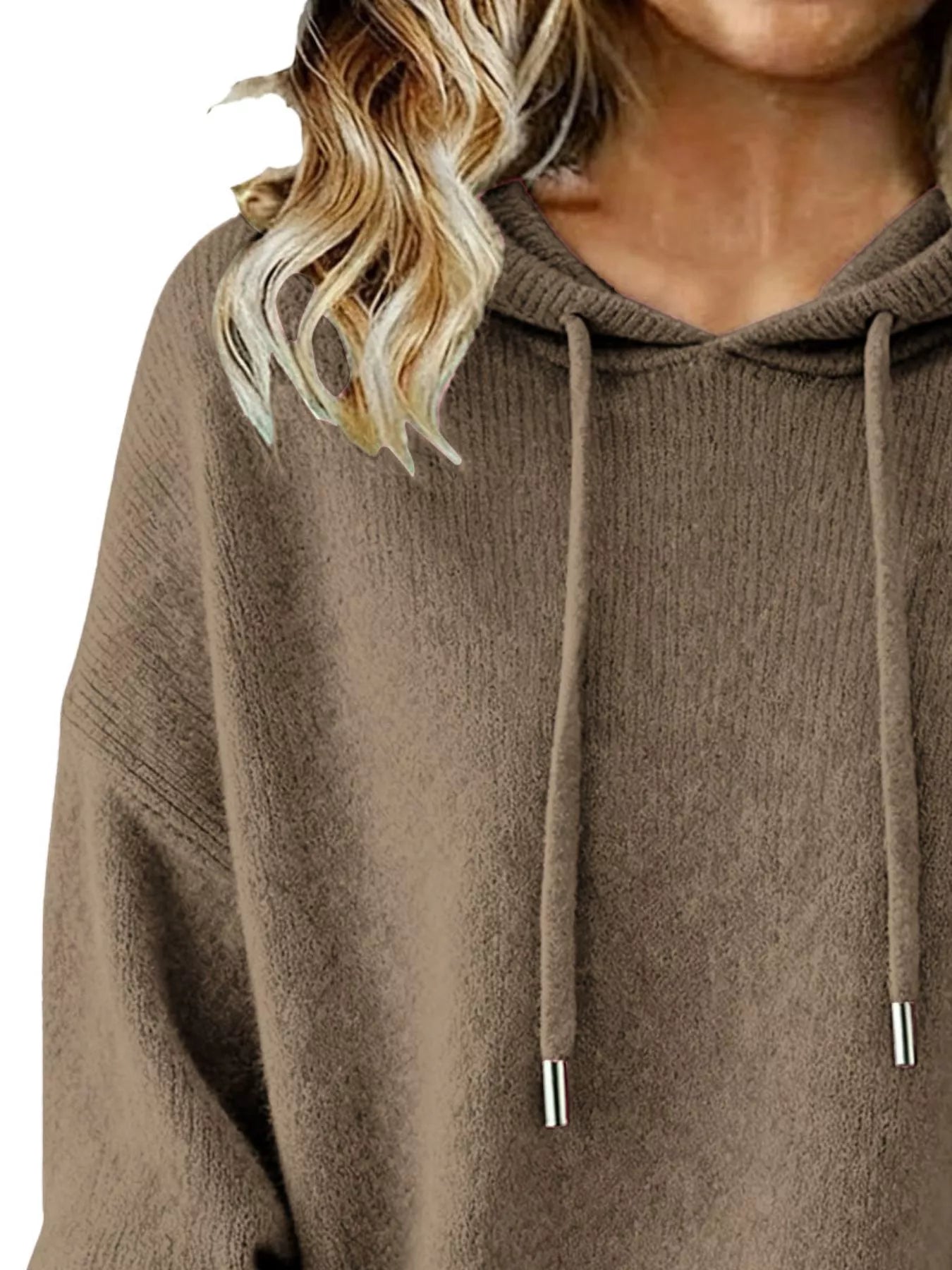 Women Long Sleeve Hooded Knit Sweater Drawstring Pullover