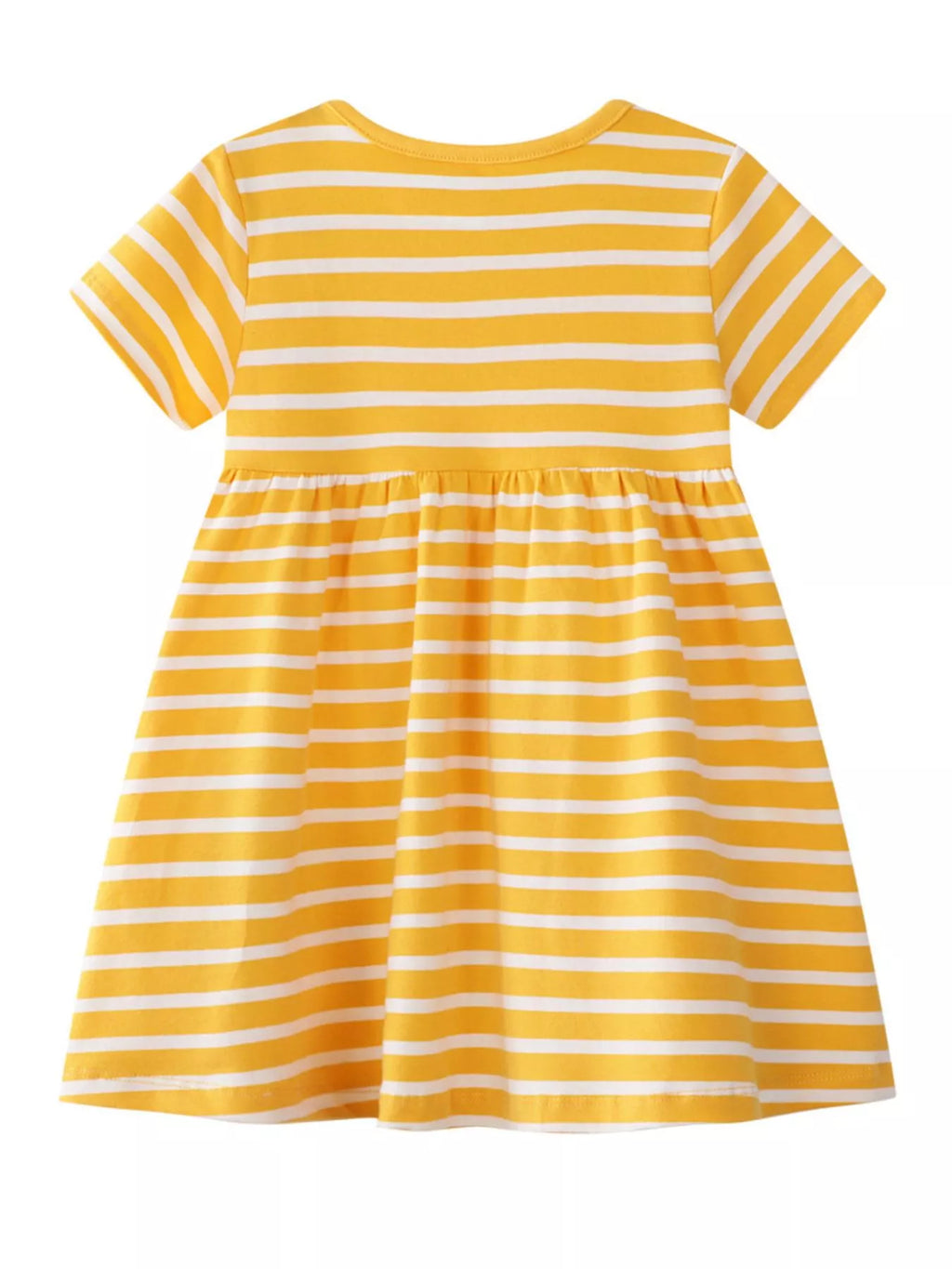 Yellow Striped Short Sleeve Casual Dress with Bird Embroidery