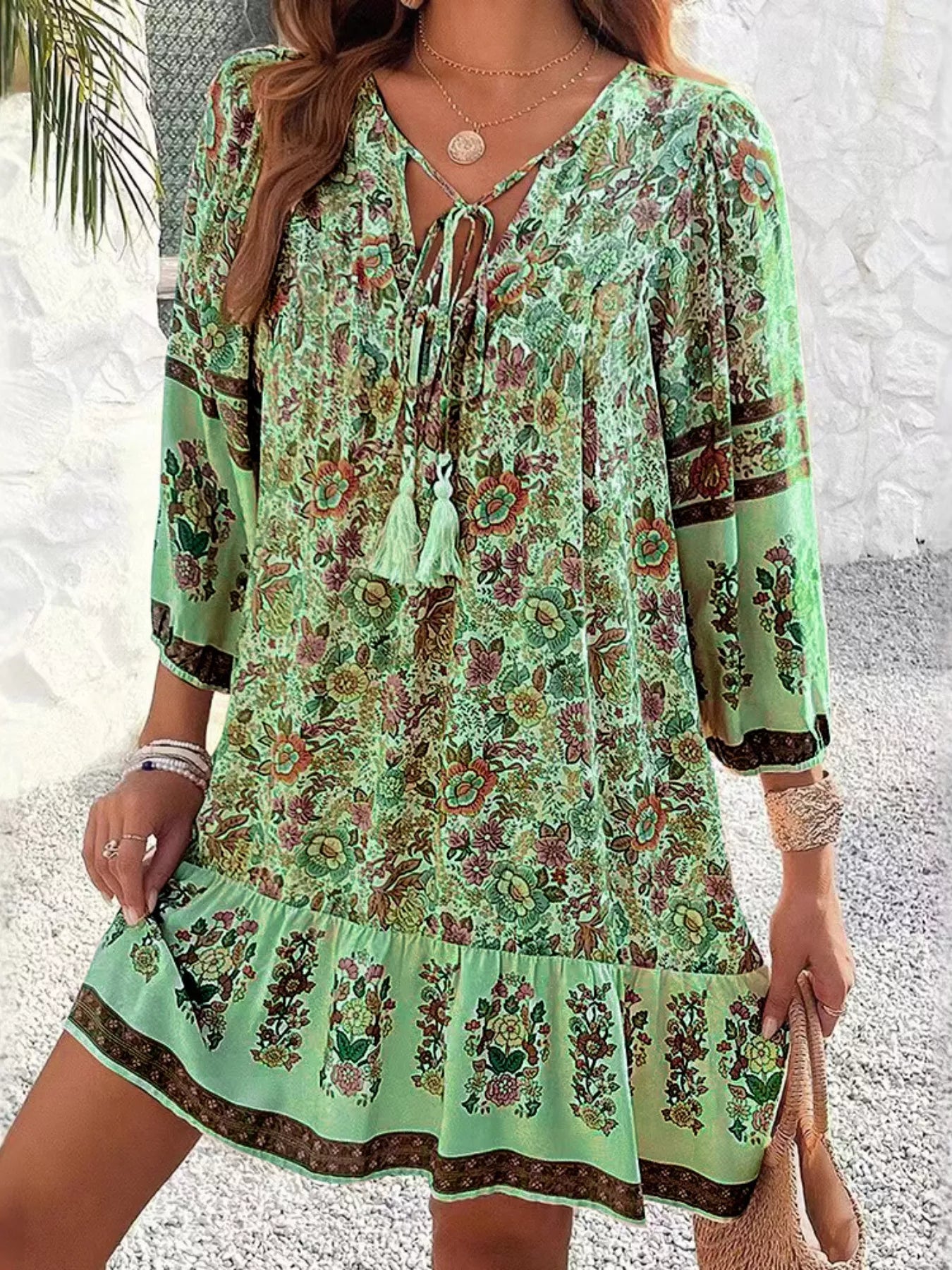 Floral Print Tassel Tie Neck Mini Dress