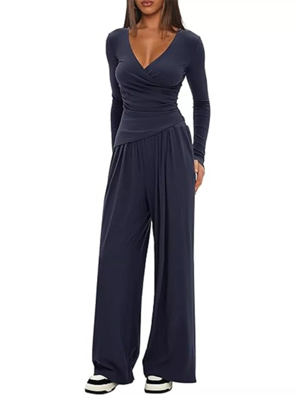 Women's Casual Long Sleeve V-Neck Top and Wide Leg Pants Lounge Set