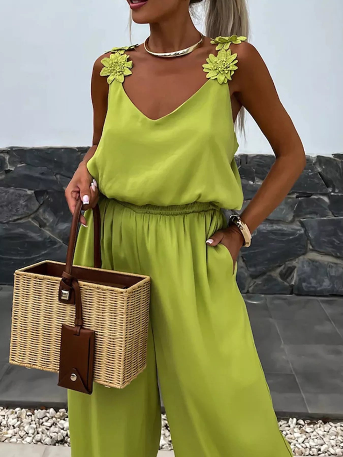 Red Floral Applique V-Neck Sleeveless Wide Leg Jumpsuit
