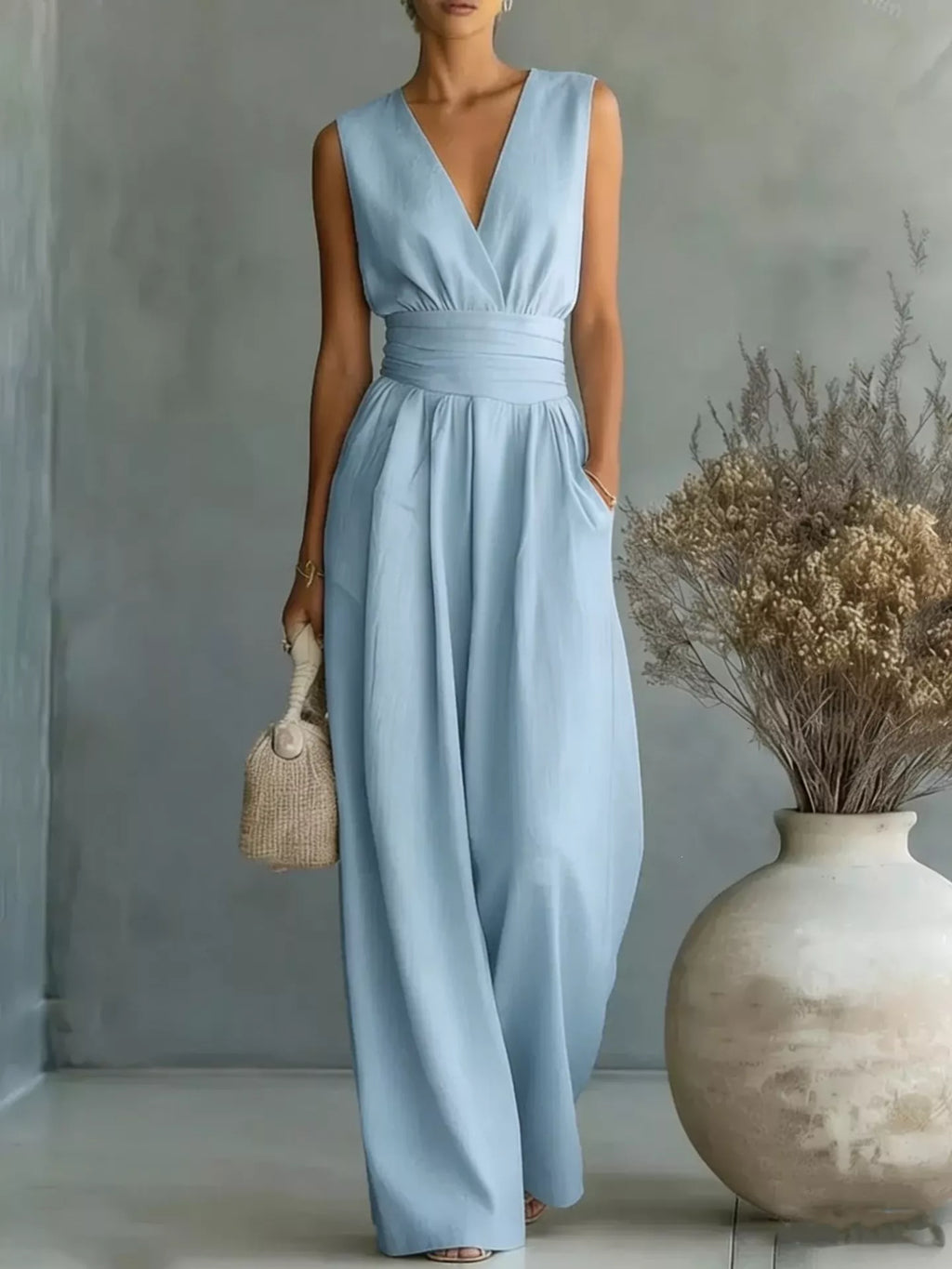 Sleeveless Wide Leg Jumpsuit with Waist Tie in Light Blue