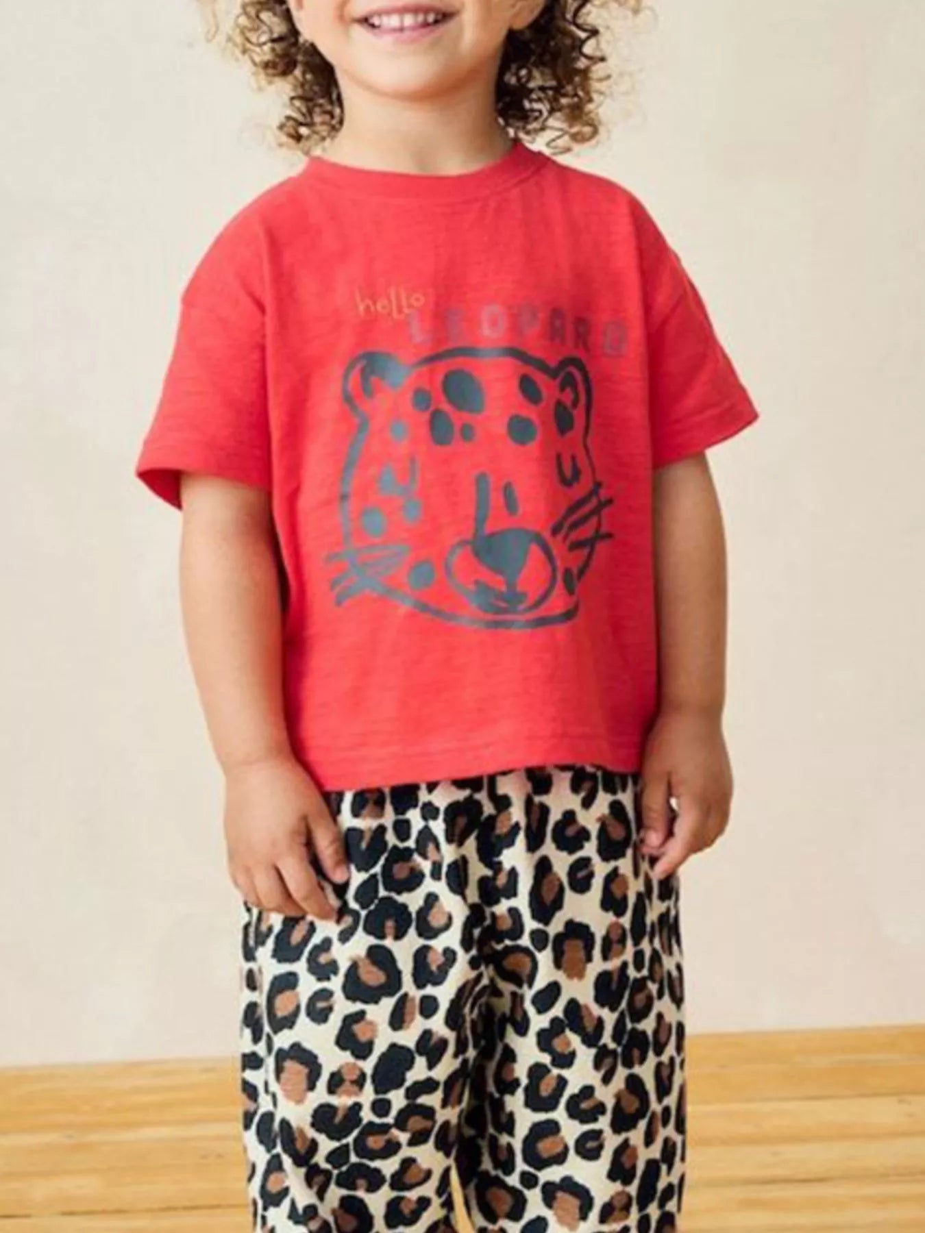 Children's Red Cotton Leopard Graphic Short Sleeve T-Shirt