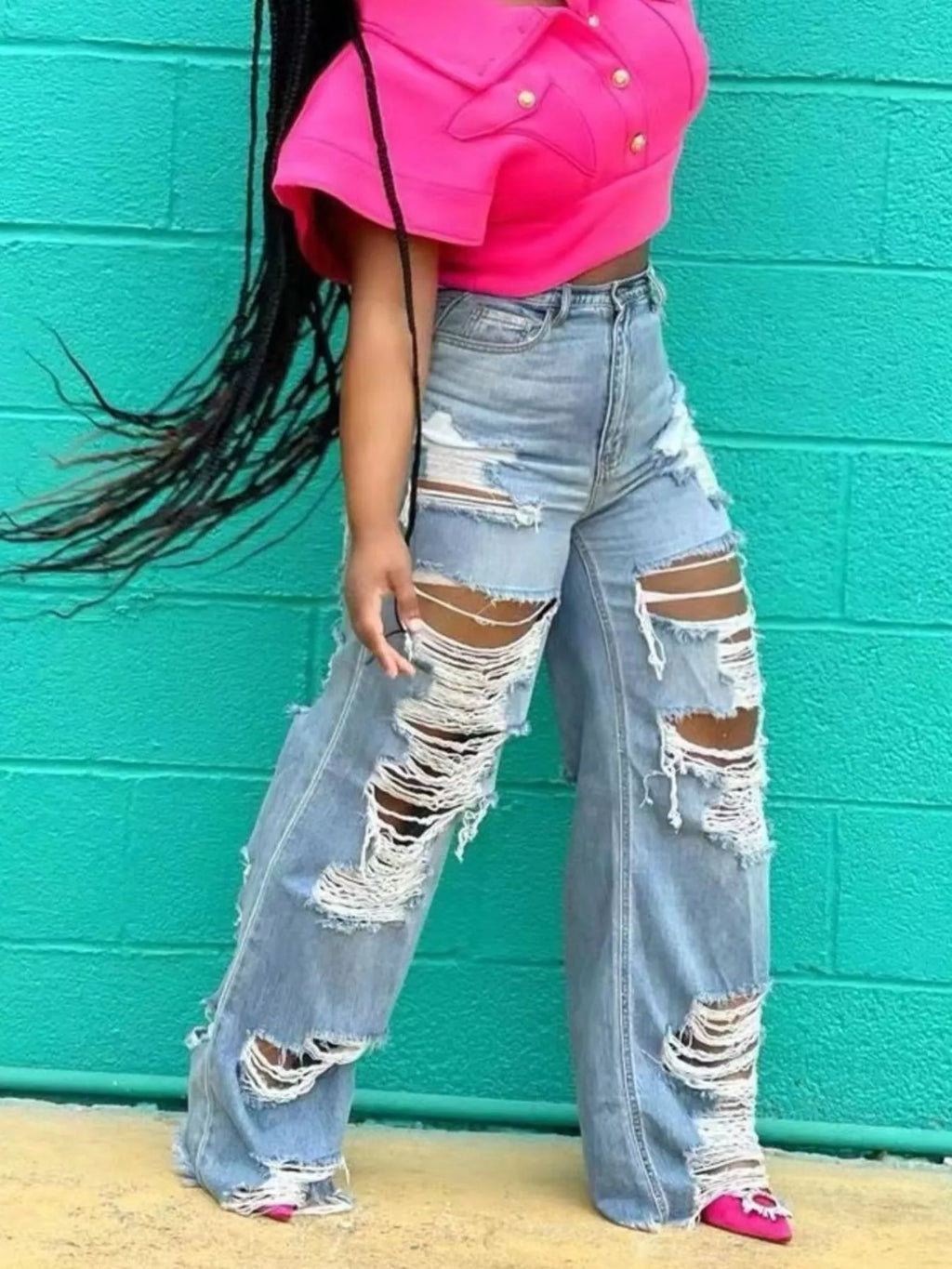 Distressed Wide Leg Denim Jeans in Light Wash