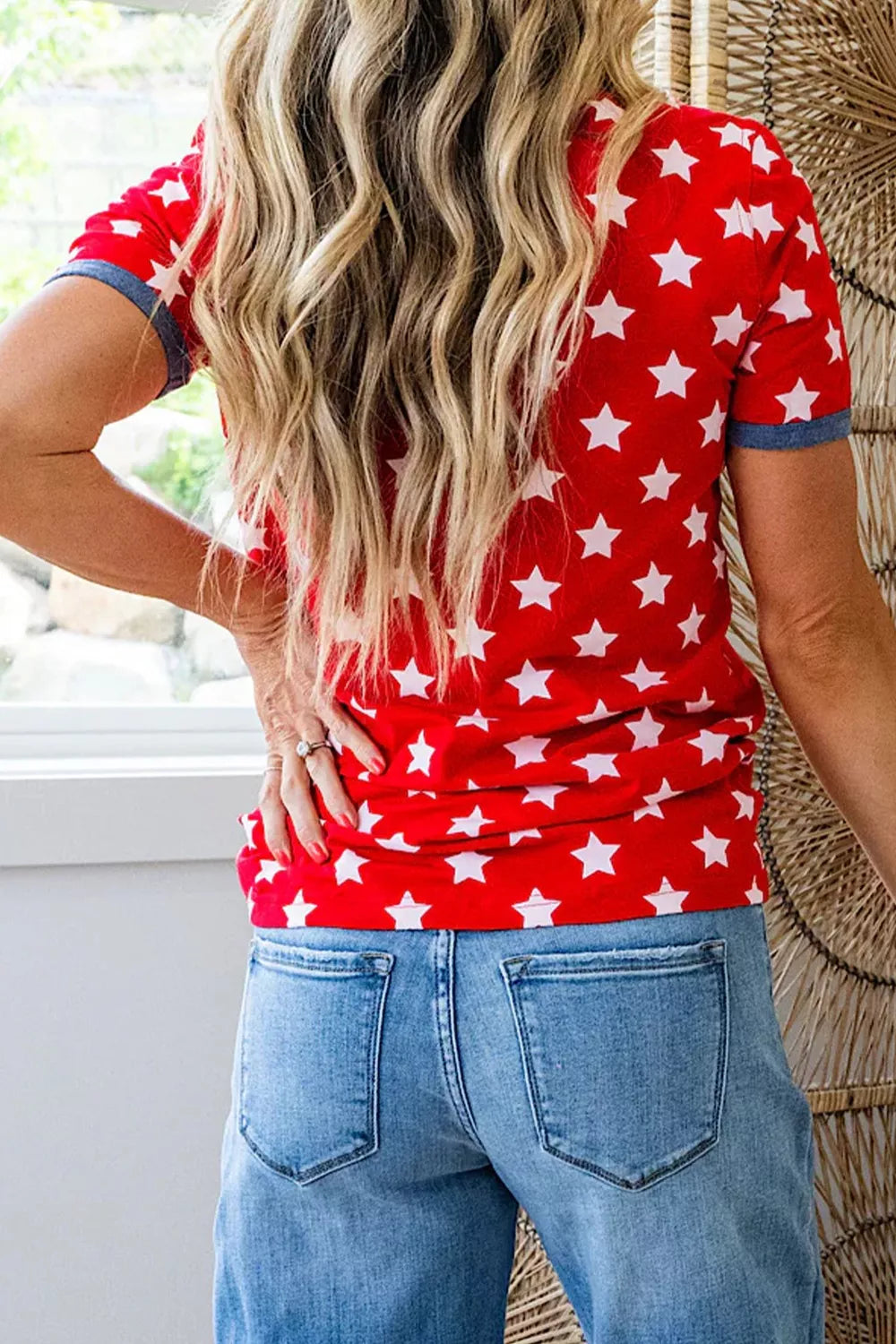 Red Stars Print Crewneck T-Shirt with Contrast Trim