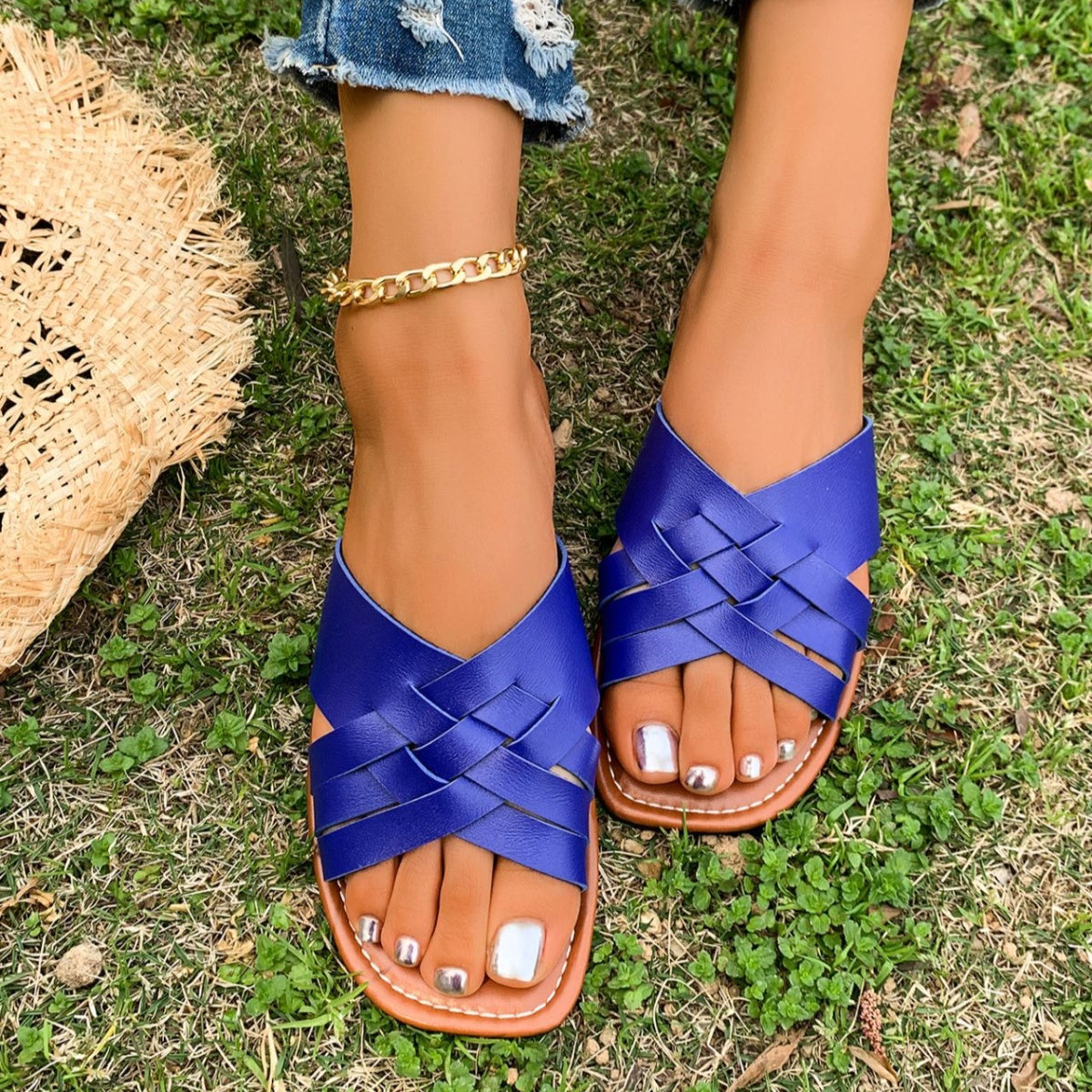 Woven Open Toe Sandals - Leather Bohemian Flats