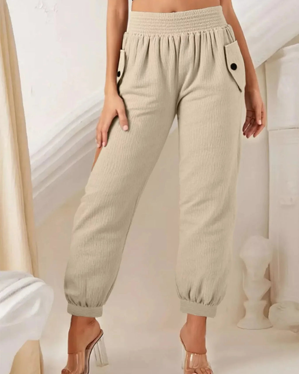 Women's Beige Textured Smocked Waist Casual Pants with Pockets