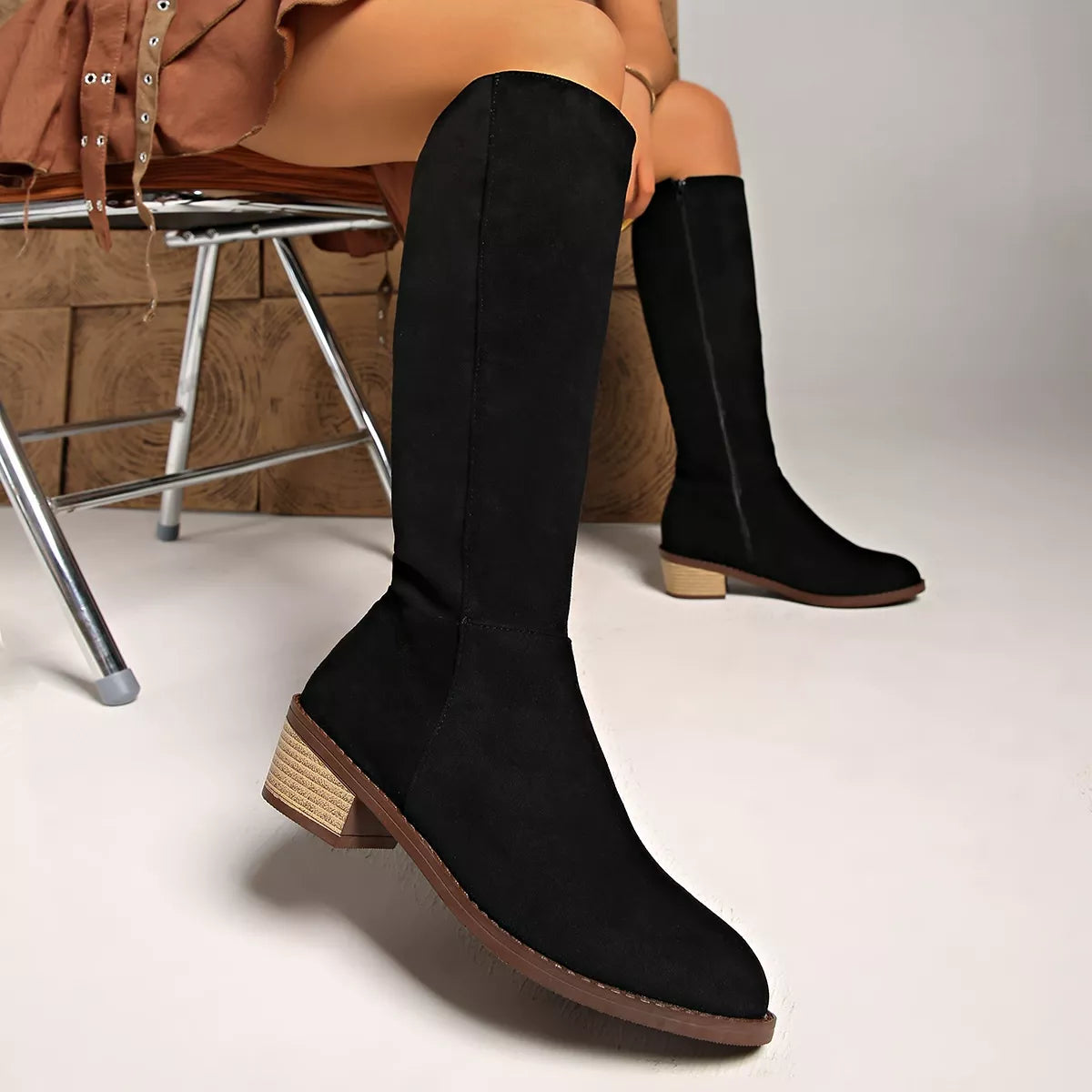 Women's Tan Suede Knee-High Boots with Mid Block Heel