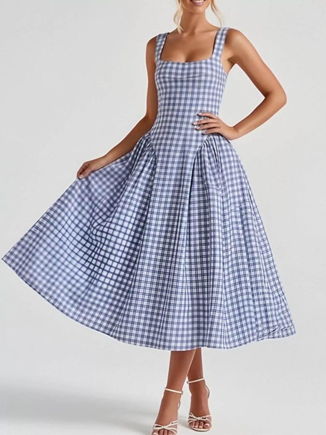Full Size Plaid Square Neckline Midi Dress Plus Size