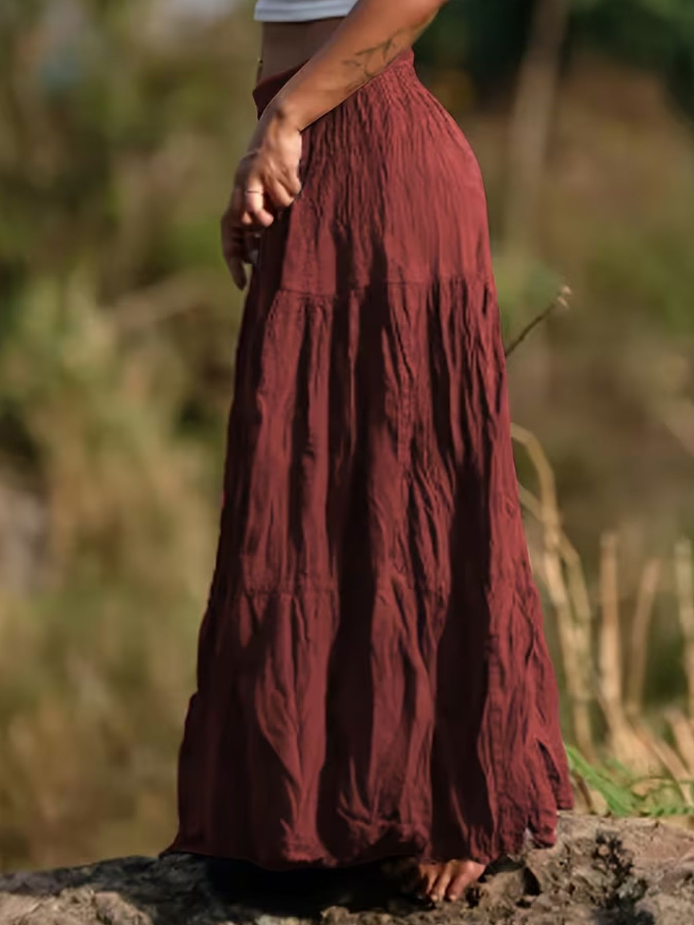 Women Ruched Tiered Maxi Skirt Bohemian Style Flowy Long Skirt