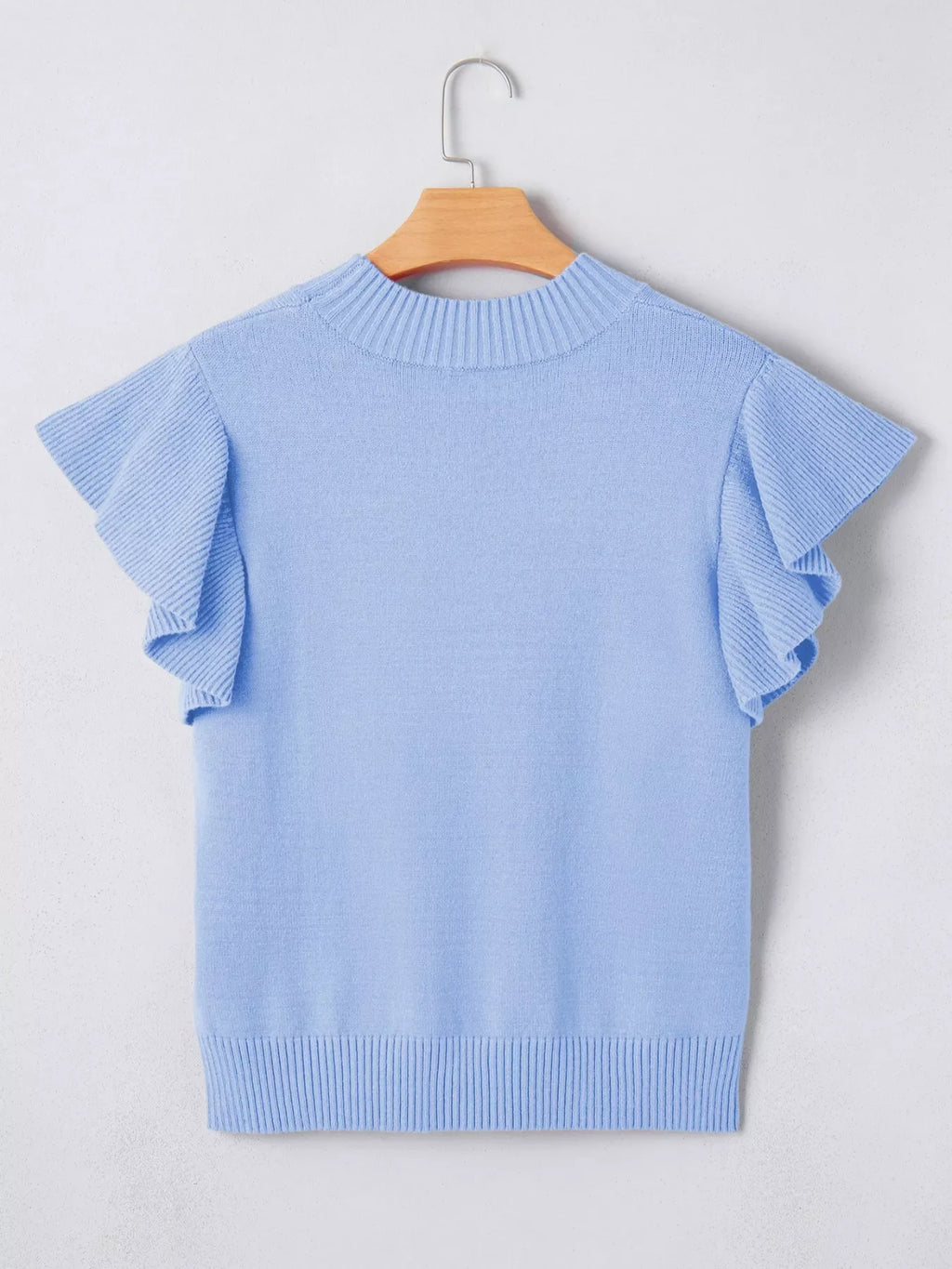 Blue Ribbed Knit Short Sleeve Sweater with Ruffle Trim