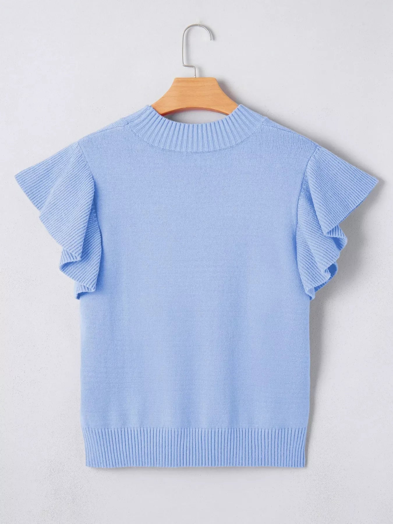 Blue Ribbed Knit Short Sleeve Sweater with Ruffle Trim