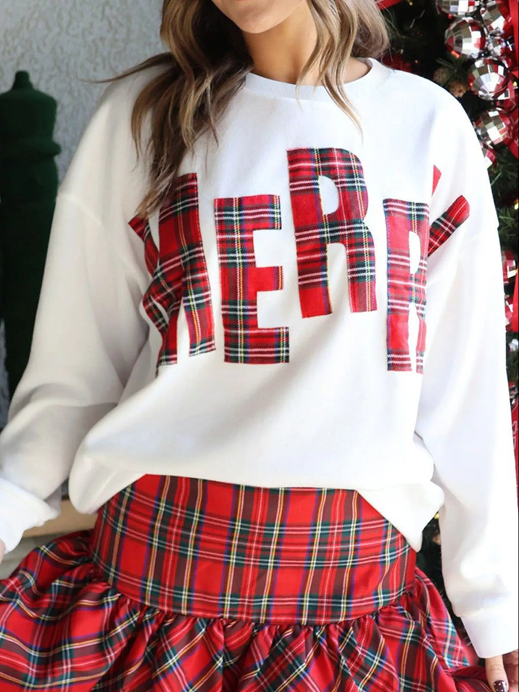 White MERRY Christmas Plaid Lettering Sweatshirt