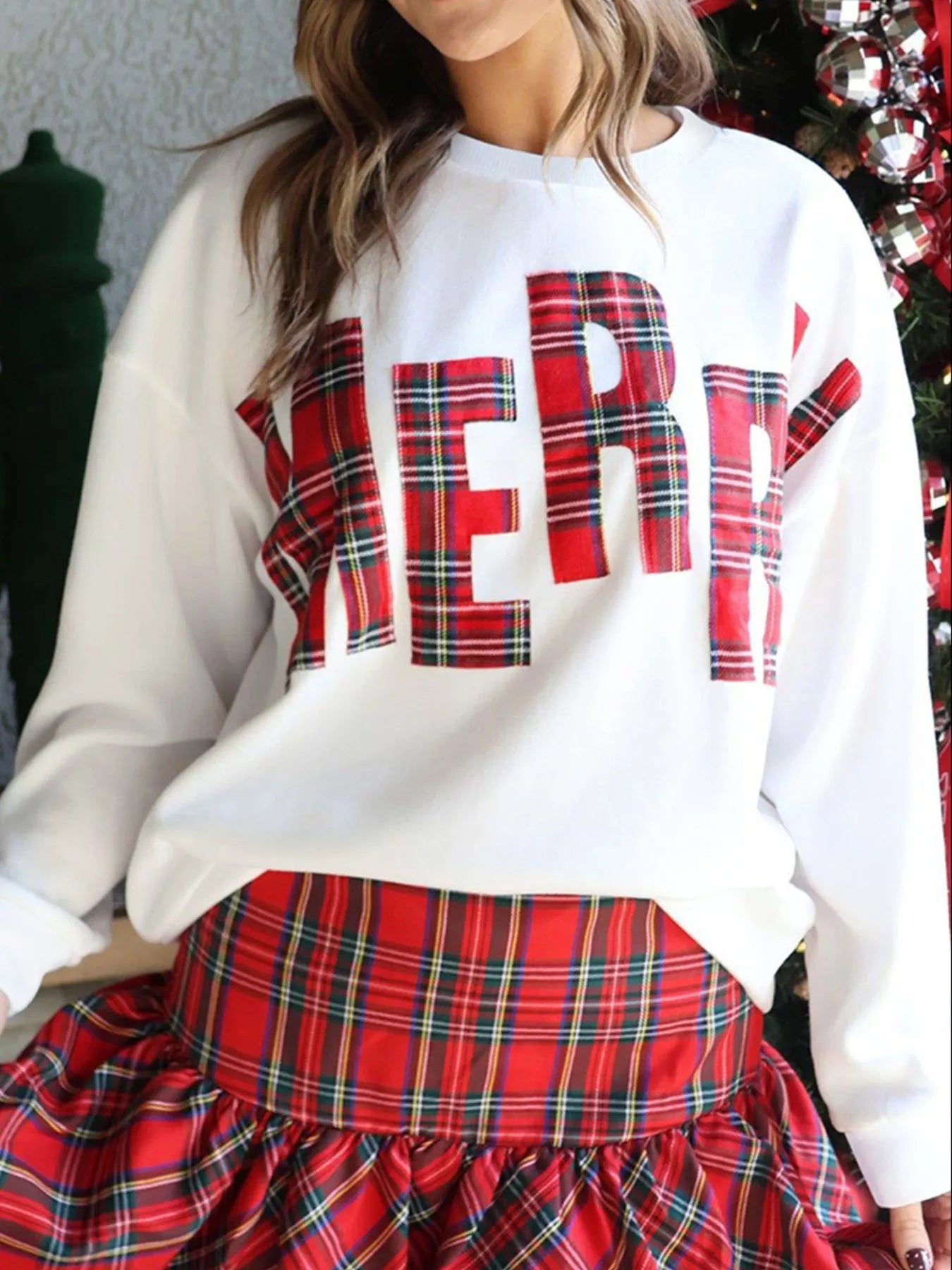 White MERRY Christmas Plaid Lettering Sweatshirt