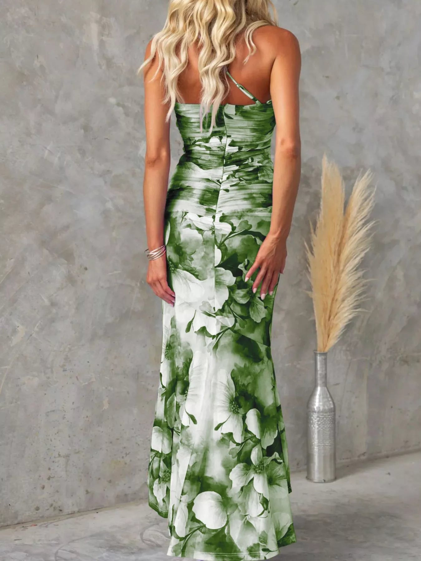 Floral Print One-Shoulder Ruched Maxi Dress in Purple
