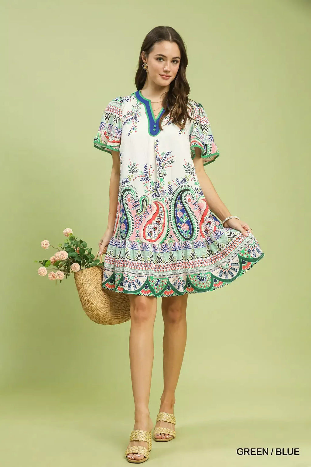 Paisley Flutter Sleeve Mini Dress in Green and Blue
