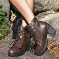 Women's Lace Up Block Heel Boots in Brown Faux Leather