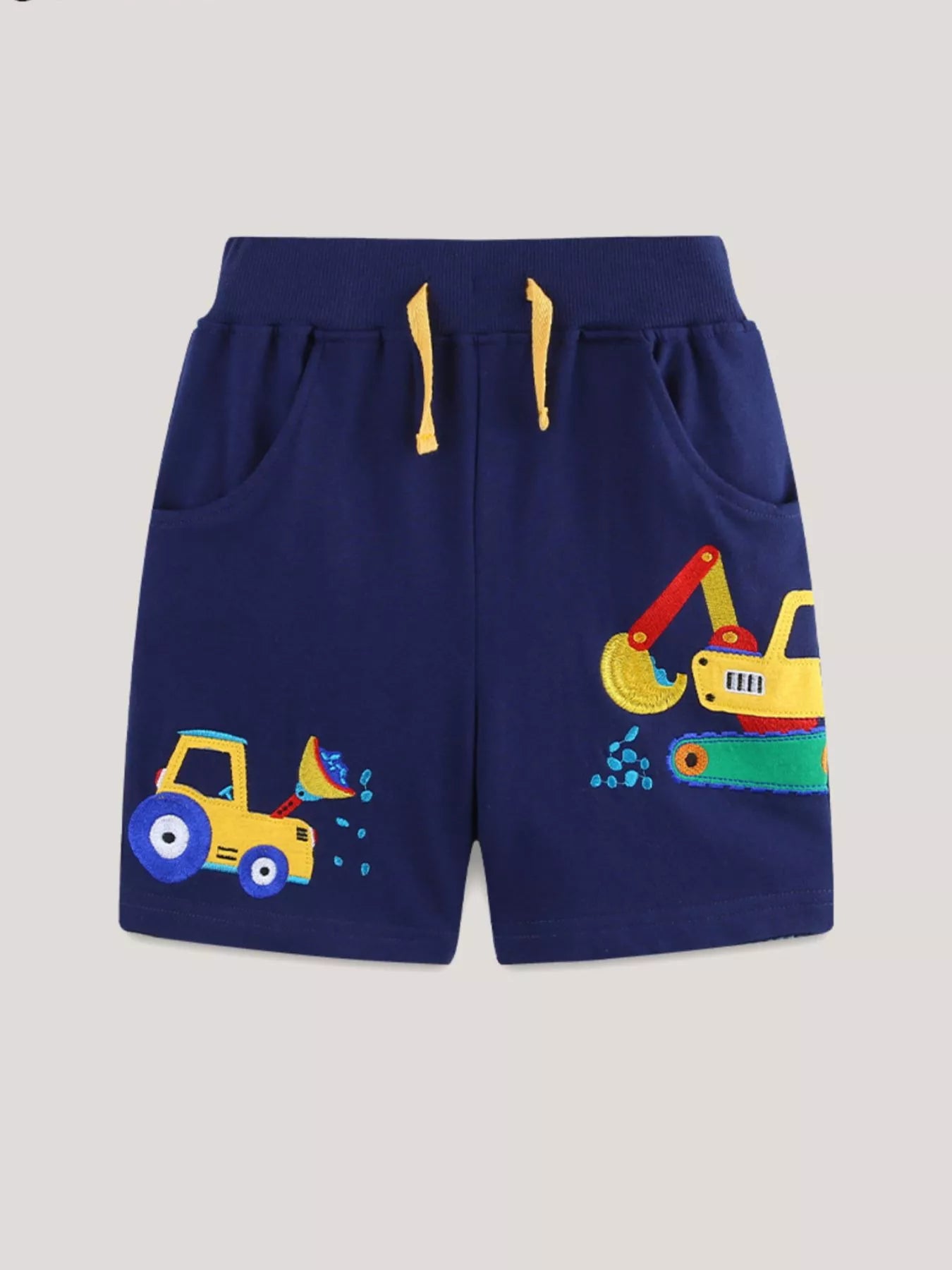 Boys Navy Construction Vehicle Embroidered Shorts with Drawstring