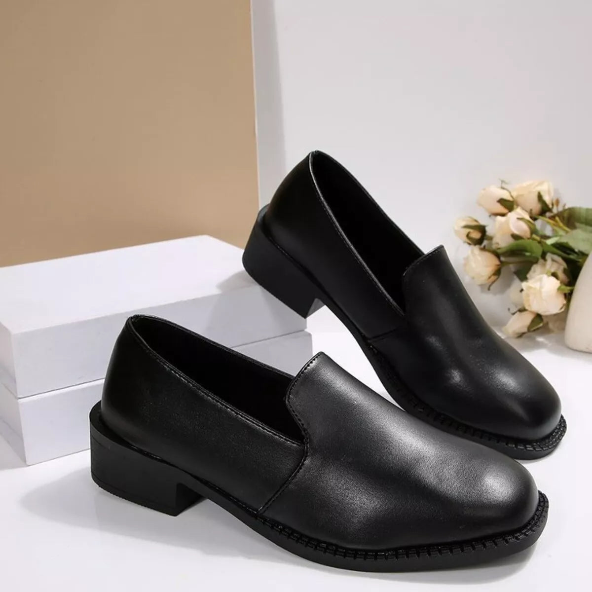 Women's Black Block Heel Loafers Round Toe Casual Dress Shoes