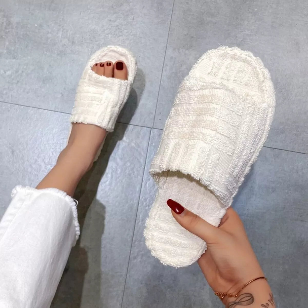 White Open Toe Platform Slippers Textured Slide Sandals