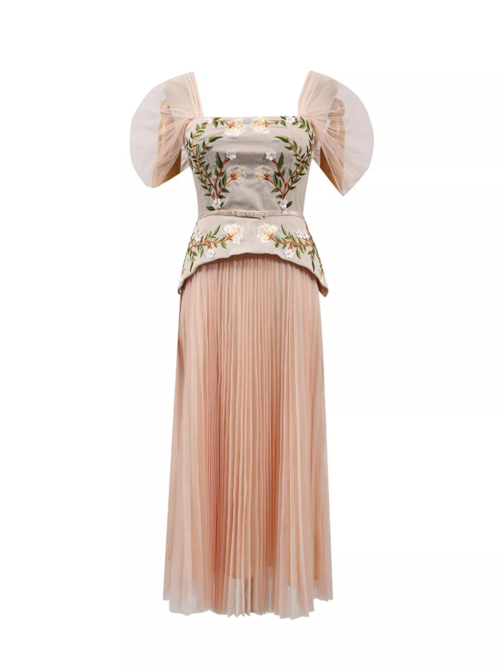 Embroidered Tulle Pleated Midi Dress