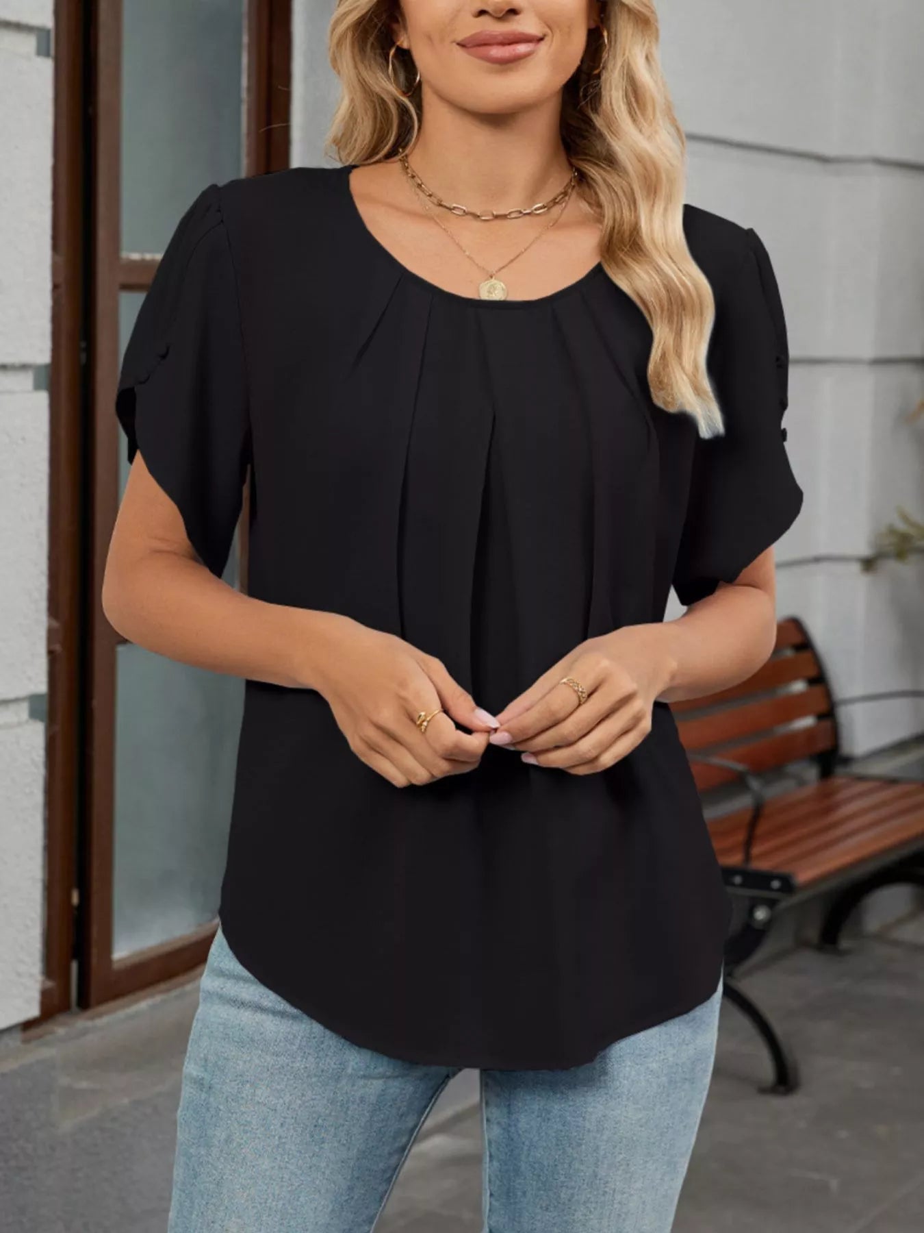 Elegant Pleated Flowy Short Sleeve Blouse