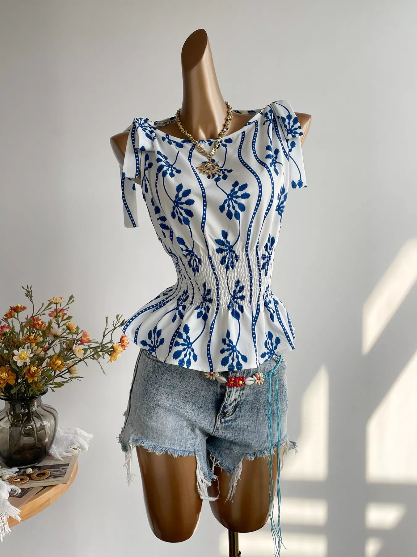 Women's Smocked Tie Shoulder Blouse with Style