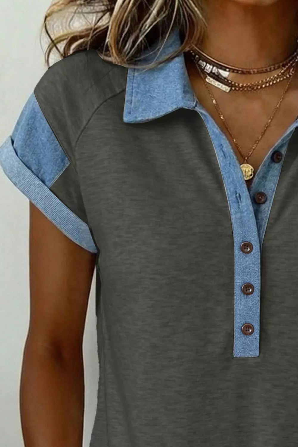 Color Block Polo Neck Casual Tee with Denim Trim Detail