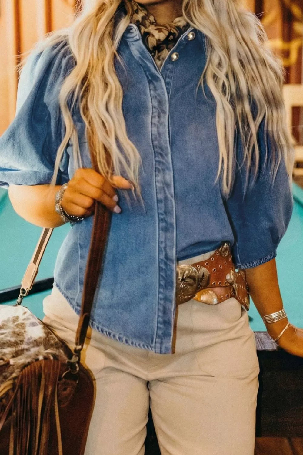Blue Denim Puff Sleeve Shirt with Collared Button Down Front