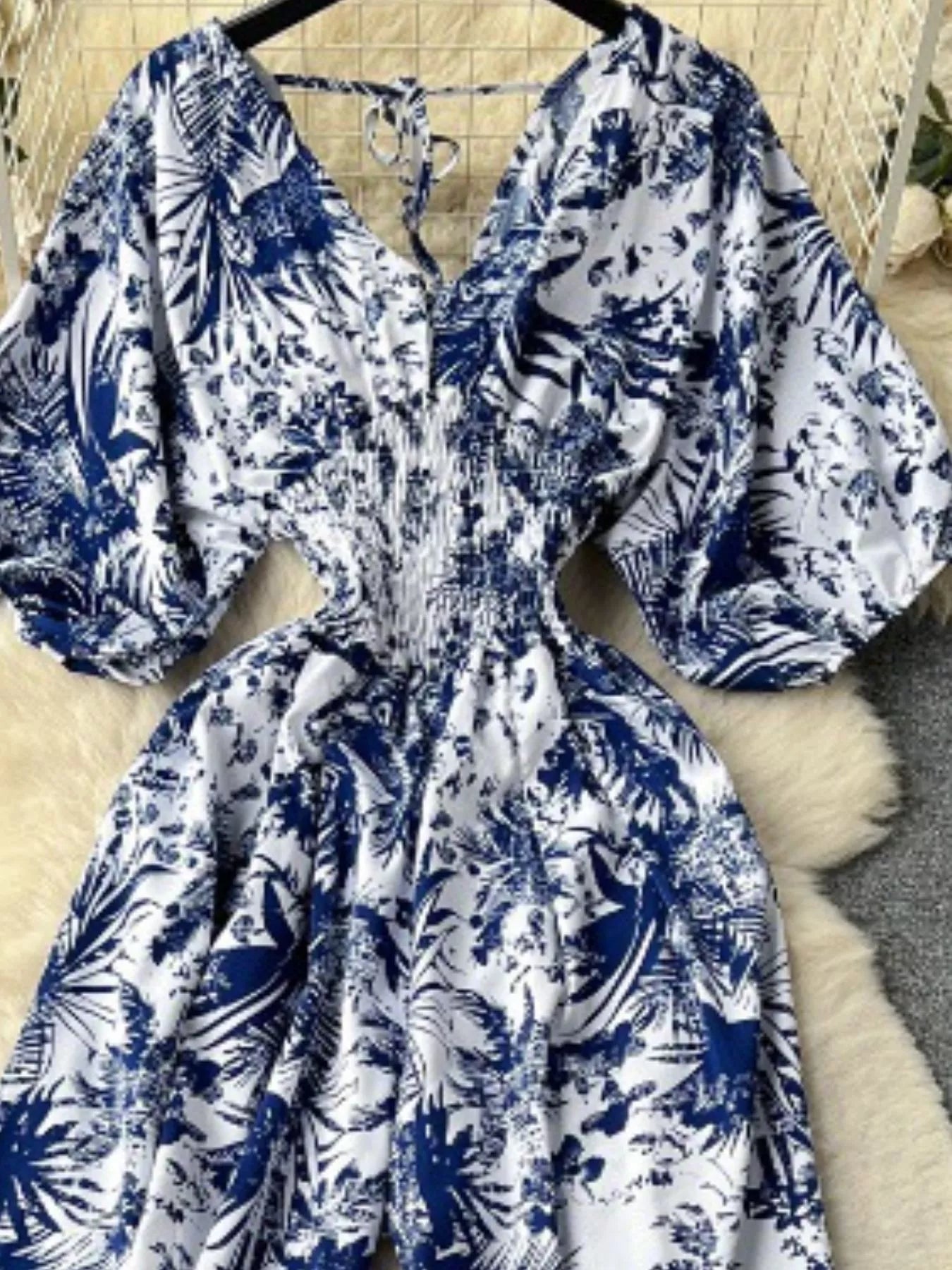 Yellow Floral Print Smocked V-Neck Wide Leg Jumpsuit