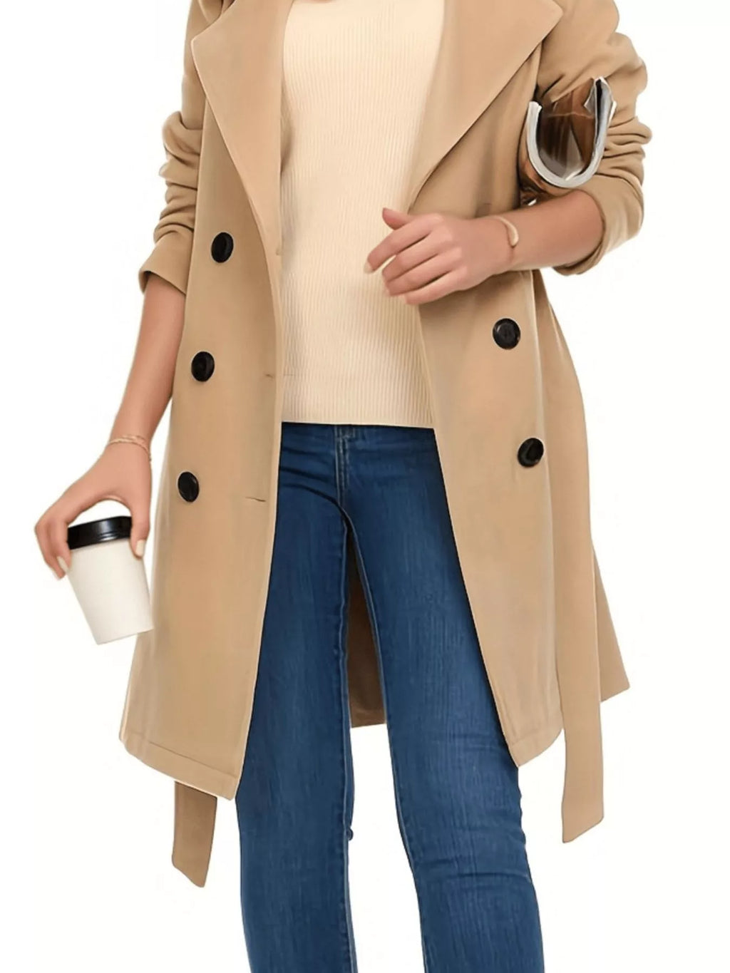 Women's Olive Double Breasted Belted Coat with Long Sleeves