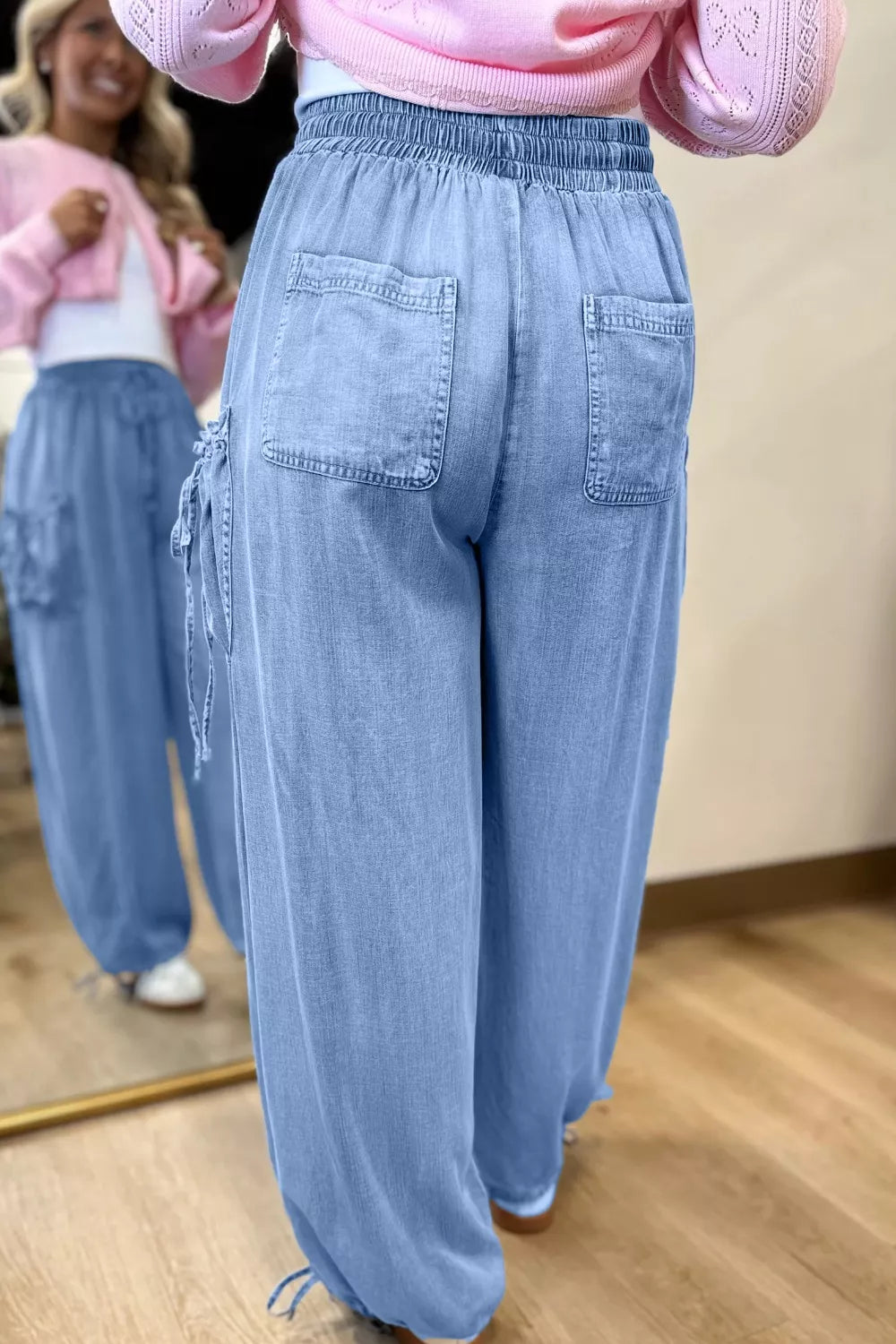 Light Blue Drawstring Elastic Waist Loose Cargo Jeans
