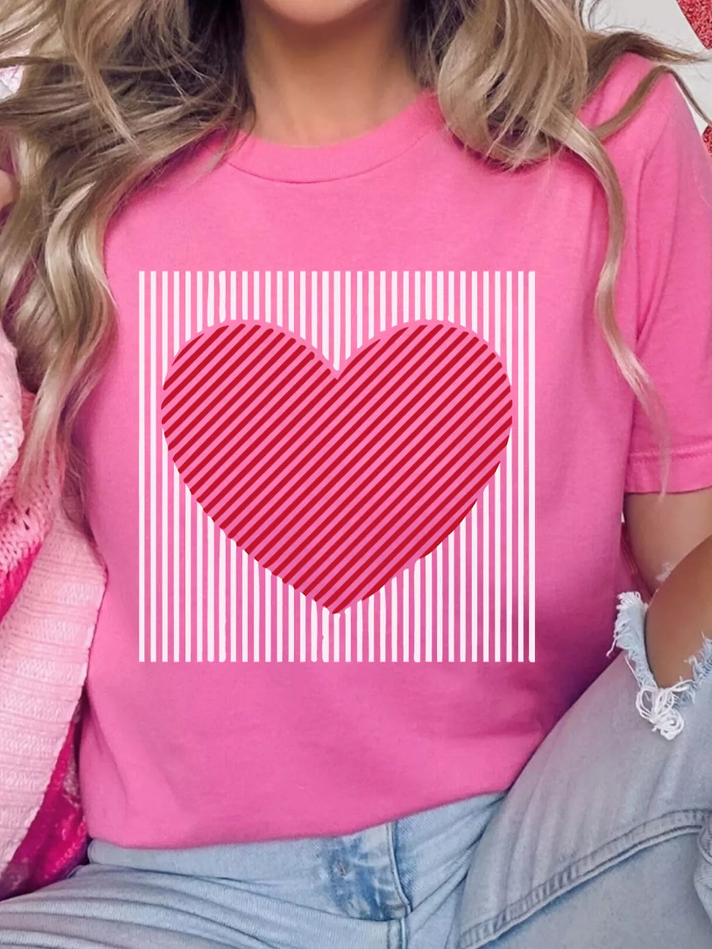 Women’s Valentine’s Day Heart Graphic Tee Contrast Stripe Top