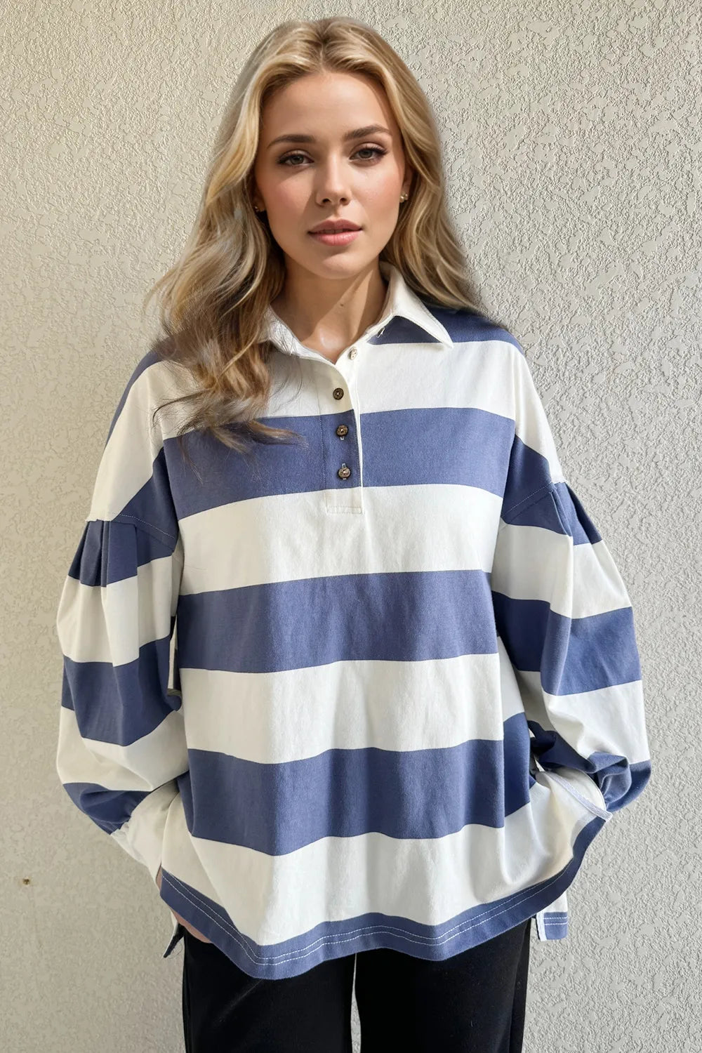 Women's Blue and White Striped Pima Cotton Long Sleeve Polo Top