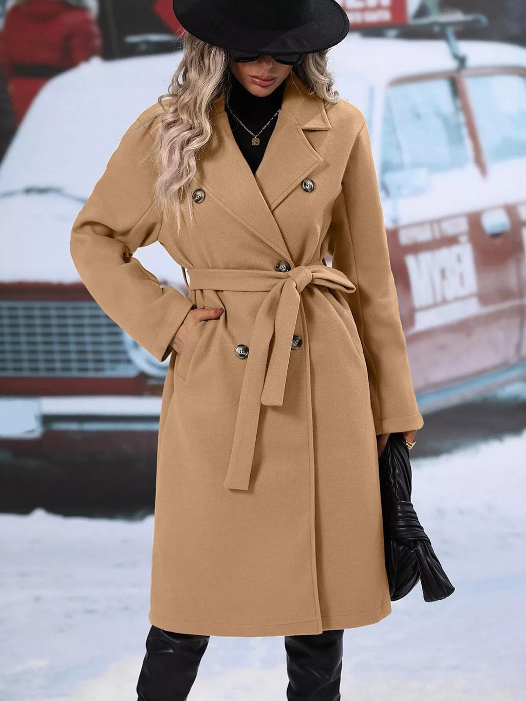 Women's Red Double-Breasted Lapel Collar Belted Long Overcoat